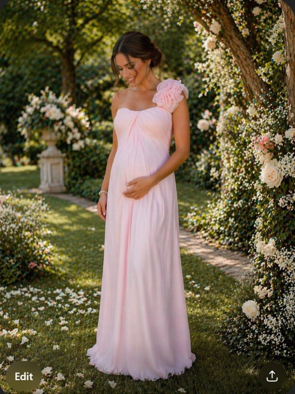 Maternity Pale Pink Long Chiffon Formal Gown Rose on One Shoulder Size 8/10 NEW